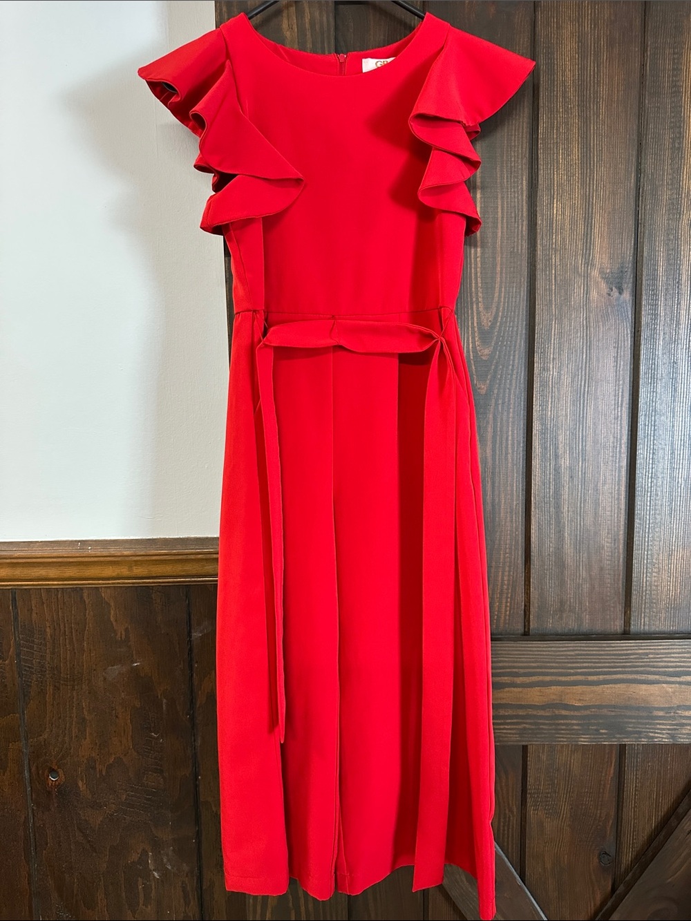 GB girls Vibrant Red Ruffle-Sleeve Midi Dress with Waist Tie